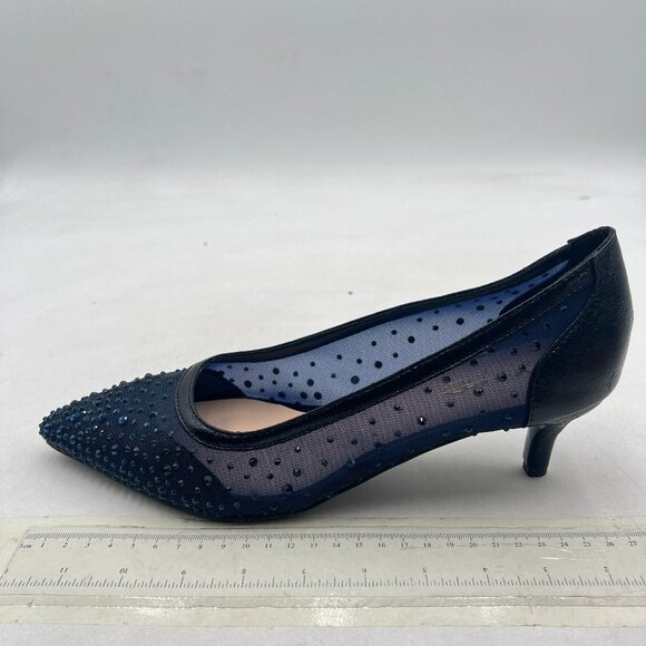 XYD Navy Pointed Toe Slip On Mesh Pumps Rhinestone Studs Comfy Kitten Heels Shoe - Picture 2 of 8